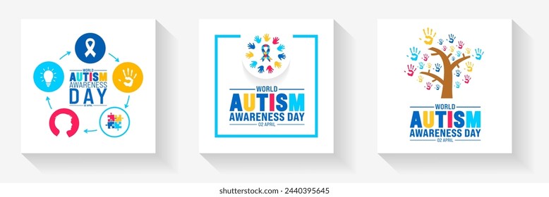2 April world Autism Awareness Day social media post banner design set. Autism Awareness Day banner bundle with puzzle piece, child hand, awareness ribbon, love icon, child girl and boy vector design.