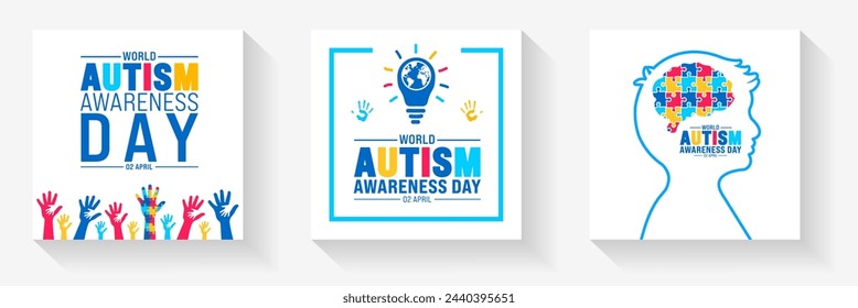 2 April Welt Autismus Bewusstsein Tag soziale Medien Post Banner Design Set. Autismus Awareness Day Banner Bündel mit Puzzleteil, Kinderhand, Bewusstseinsband, Liebe Ikone, Kind Mädchen und Jungen Vektor-Design.