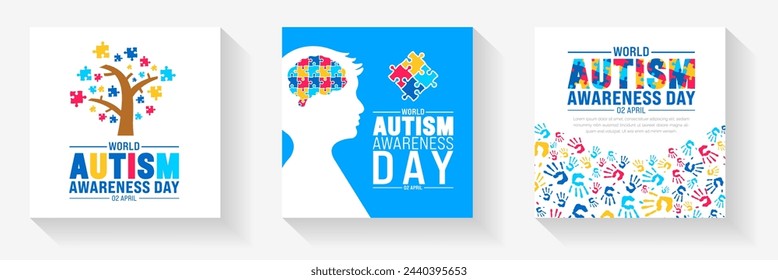 2 April world Autism Awareness Day social media post banner design set. Autism Awareness Day banner bundle with puzzle piece, child hand, awareness ribbon, love icon, child girl and boy vector design.