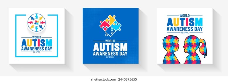 2 April world Autism Awareness Day social media post banner design set. Autism Awareness Day banner bundle with puzzle piece, child hand, awareness ribbon, love icon, child girl and boy vector design.