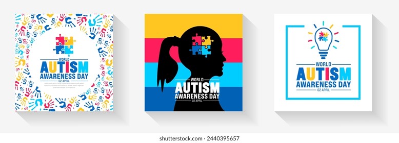 2 April world Autism Awareness Day social media post banner design set. Autism Awareness Day banner bundle with puzzle piece, child hand, awareness ribbon, love icon, child girl and boy vector design.