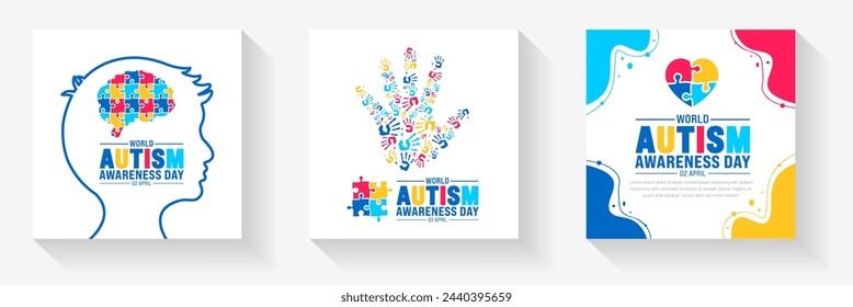 2 April world Autism Awareness Day social media post banner design set. Autism Awareness Day banner bundle with puzzle piece, child hand, awareness ribbon, love icon, child girl and boy vector design.