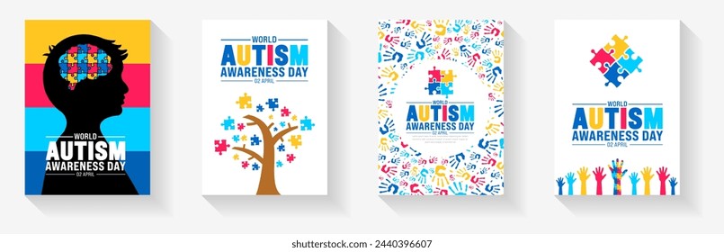 2 April world Autism Awareness Day book cover design set. Autism Awareness Day banner or background bundle with puzzle piece, kids raising hand, child hand, ribbon, love icon, child girl, boy vector.