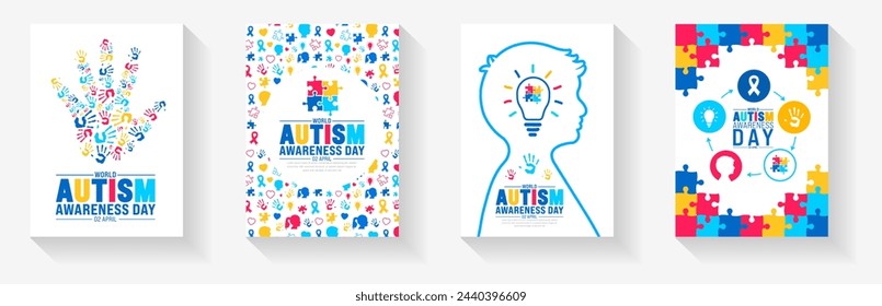 2 April Welt Autismus Bewusstsein Tag Buch Cover Design Set. Autismus Awareness Day Banner oder Hintergrund Bündel mit Puzzleteil, Kinder heben Hand, Kind Hand, Band, Liebe Ikone, Kind Mädchen, Junge Vektor.