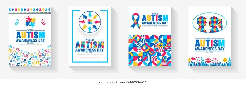 2 April world Autism Awareness Day book cover design set. Autism Awareness Day banner or background bundle with puzzle piece, kids raising hand, child hand, ribbon, love icon, child girl, boy vector.