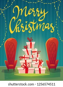 2 armchair and gifts stack merry christmas card poster party invitation with calligraphy lettering sign, cartoon style vector illustration  red  interior on a blue green striped wallpaper background