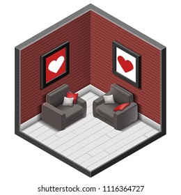2 armchairs with pillows isometric room interior isolated on white , red brown terracotta brick bricks wall and wooden floor, reception living room lounge zone