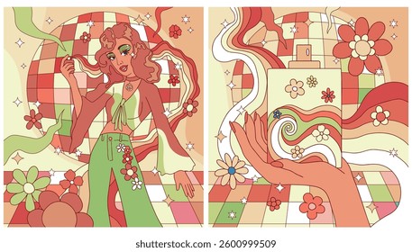 2 artwork, a woman with perfume and a hand with perfume, rainbow flowers and stars, style, pop art, retro aesthetic	