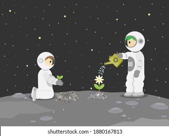 2 Astronauts helping each other to plant flower on the moon. Experiment about planting plant on moon's surface vector