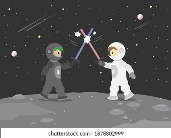 2 astronauts make a battle with laser swords on the moon surface. space war on the moon cartoon vector
