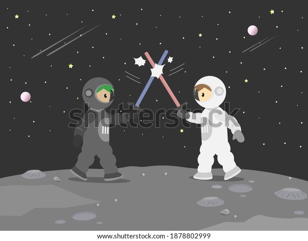 2 astronauts make a\
battle with laser swords on the moon surface. space war on the moon\
cartoon vector