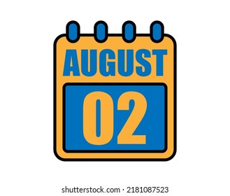 Calendario del 2 de agosto. Icono del calendario de agosto en azul y naranja. Página Calendario de vectores aislado en fondo blanco.