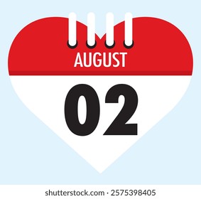 2 August calendar icon red heart shape on light sky blue color background, calendar vector symbol for the month of August.
