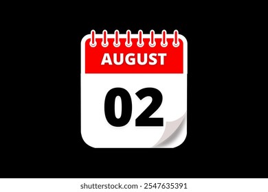 2 August calendar icon text page monthly web design on red, white and black background vector, icon, or illustration with the month of August 2