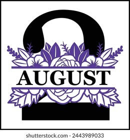 2 August Floral Split Silhouette Counting Vector Design | Print Design | Cut file | Shirt Design | Birthday Gift