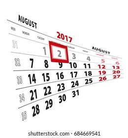 2 August highlighted on calendar 2017. Week starts from Monday. Vector Illustration.