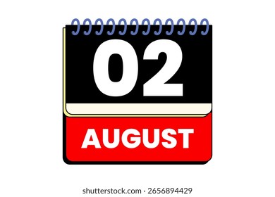 2 de agosto Mes Vector de un solo día, ilustración, calendario con rojo, negro, amarillo y blanco Icono de calendario de fondo de color del 2 de agosto