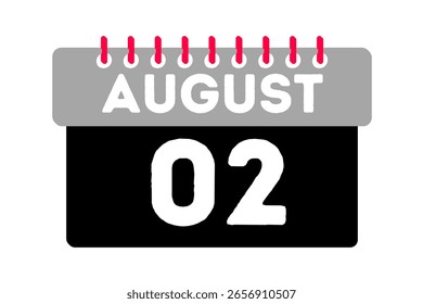 2 de agosto Mes Vector de un solo día, ilustración, calendario con ceniza, negro, rojo y blanco Icono de calendario de fondo de color del 2 de agosto