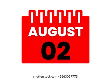 2 de agosto Mes Vector de un solo día, ilustración, calendario con rojo, negro y blanco Icono de calendario de fondo de color del 2 de agosto