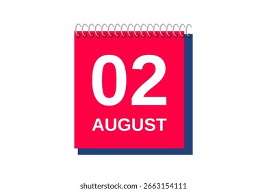 2 de agosto Mes Vector de un solo día, ilustración, calendario con rojo, azul y blanco Icono de calendario de fondo de color del 2 de agosto