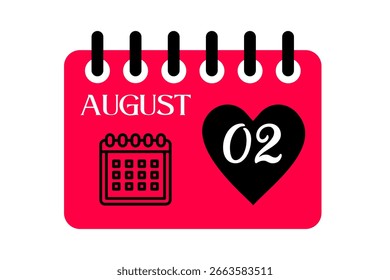 2 de agosto Mes Vector de un solo día, ilustración, calendario con rojo, negro y blanco Icono de calendario de fondo de color del 2 de agosto