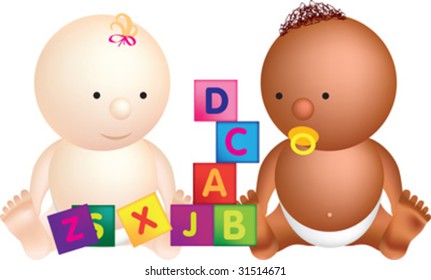 2 babies play with building blocks with letters on