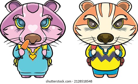 2 baby boy and girl foxes with colorful outfits going to school