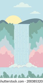 2 background for mobile game.  spring morning waterfall, pastel colors. creating a mobile game