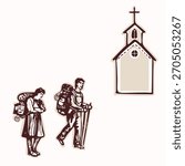 2 Backpackers on st james way  stopping at pilgrimage church . European pilgrims pass credential cancellation marks for church, wayside chapel, shrine retreat or monastery. Great for travel brochure
