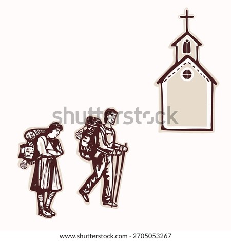 2 Backpackers on st james way  stopping at pilgrimage church . European pilgrims pass credential cancellation marks for church, wayside chapel, shrine retreat or monastery. Great for travel brochure
