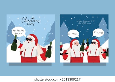 2 Bad funny drunk Santa Claus drinking. Card invitation to the party