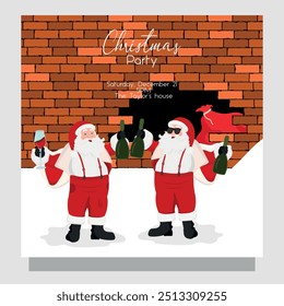 2 Bad funny drunk Santa Claus drinking. Card invitation to the party