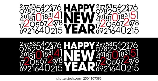 2 Banners (white background and black background) with numbers to announce the transition from the year 2024 to that of 2025 - English text.