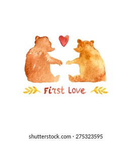 2 bears in love.bear silhouette.Watercolor greeting card template.Watercolor Illustration with bears and text first love.hand drawn background.valentine's day decor elements.romantic animal