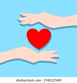 2 beautiful hands are holding the red heart on pink background. Holiday, Encourage, love, help, charity, donate, health concept. Illustration vector.