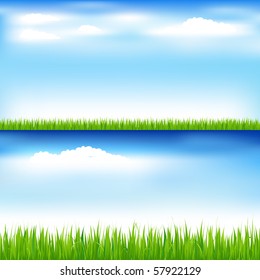 2 Beautiful Landscapes With Green Grass And Blue Sky With Clouds
