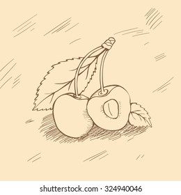 2 berries on beige background. One cherry cut in half. Visible veins on the leaves. Branches connected with handle. On the floor and cast shadows. Front view. 
It can be used printed on paper craft