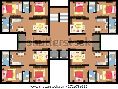 2 BHK Luxury Flats Building Interior Design 4 Apartment House Lift Stairs Top View Vector