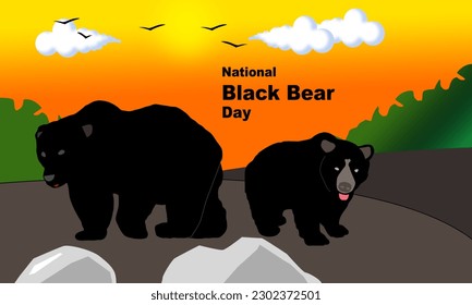 2 osos negros caminan con ambiente forestal y fondo de puesta de sol y texto en negrita conmemorando el Día Nacional del Oso Negro en junio