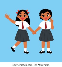 2 Black Kids Girls Student in School Uniform Holding hand together illustration 