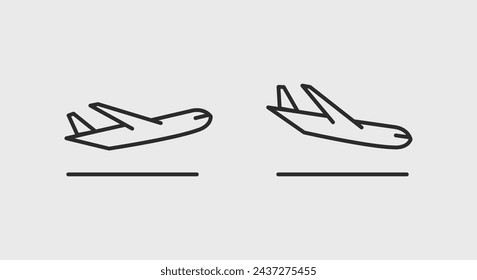 2 iconos de línea negra que representan un despegue de avión (izquierda) y un aterrizaje de avión (derecha) para web, móvil, materiales promocionales, SMM. Ilustración de vector