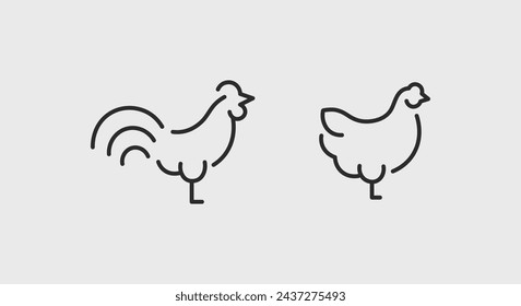 2 black line icons representing a rooster and a hen on a white background for web, mobile, promotional materials, SMM. Vector illustration