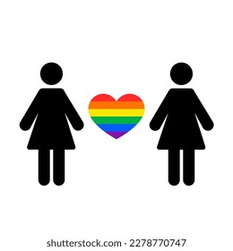 2 schwarze Silhouetten von LGBT-Mädchen. LGBT Symbol mit Regenbogenherz. Vektorgrafik auf weißem Hintergrund. Lesben Logo, Lesben Paar. LGBTQ-Community-Symbol. 