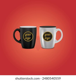 2 black and white cups on a red background, vector logo icon