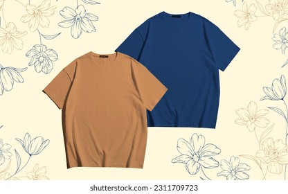 2 blank t shirt and mockup with different colours like dark brown and dark blue colours and also have a simple eye catchie flower asethetic background design