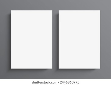 2 carteles de papel blanco en blanco colgados en un fondo de pared gris. Galería de póster maqueta de Vector para arte de Vertical, Imagen o colocación de texto.