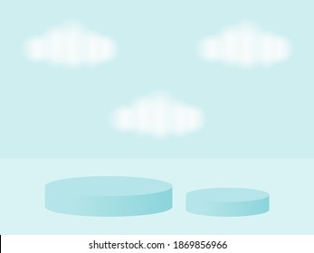 2 blaue, kleine und große runde Podien mit Wolke auf blauem Himmel, Vektorgrafik