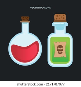 2 bottles of potion, red and green, 1 bottle of poison illustration