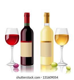 2 bottles of red and white wine with full glasses. EPS 10.