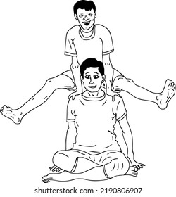 2 boys in funny yoga pose line art vector silhouette, Sketch drawing of aerobic yoga exercise, Two boys doing funny yoga pose in cartoon style, Fun yoga clip art